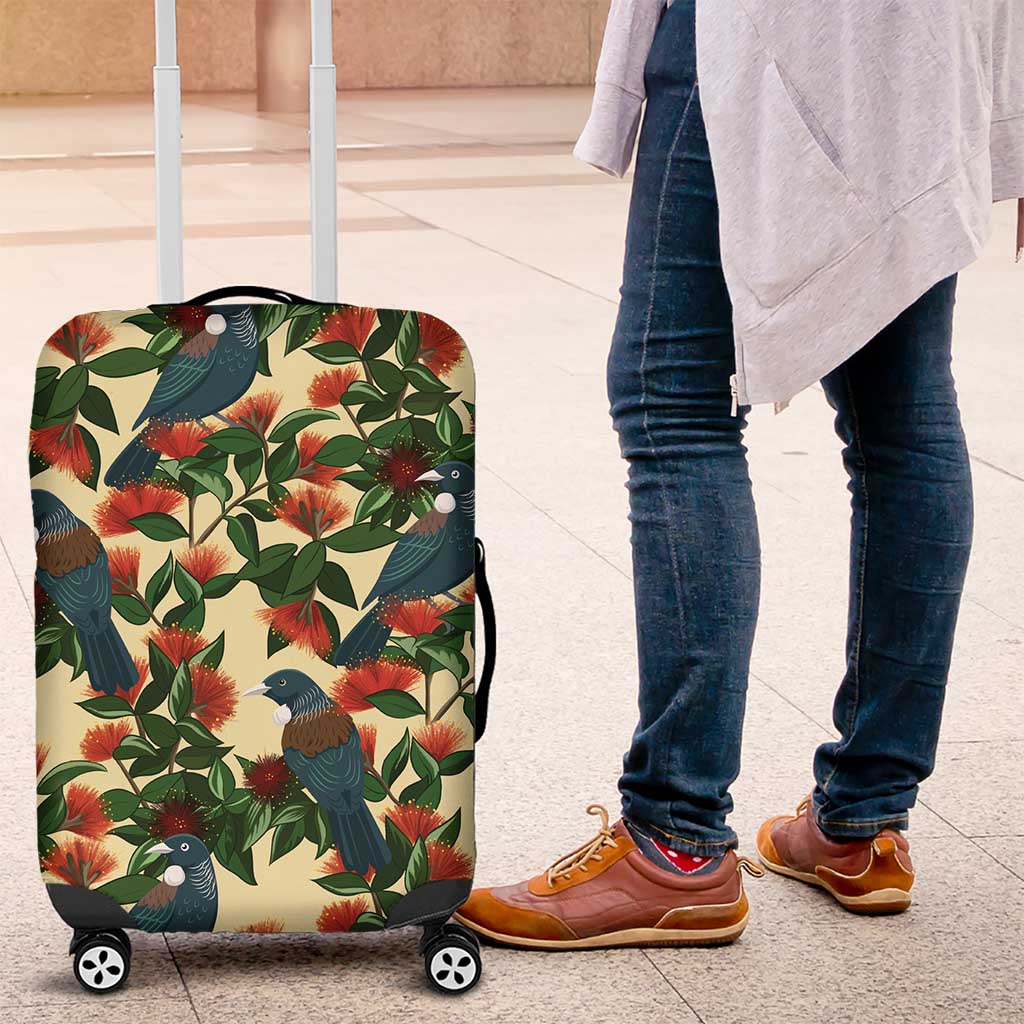 New Zealand Christmas Luggage Cover Romantic Tui Birds on Pohutukawa - Ivory - Aussie Hoodie