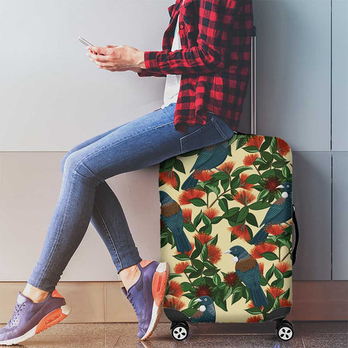 New Zealand Christmas Luggage Cover Romantic Tui Birds on Pohutukawa - Ivory - Aussie Hoodie