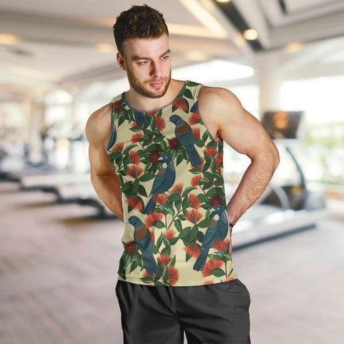 New Zealand Christmas Men Tank Top Romantic Tui Birds on Pohutukawa - Ivory - Aussie Hoodie