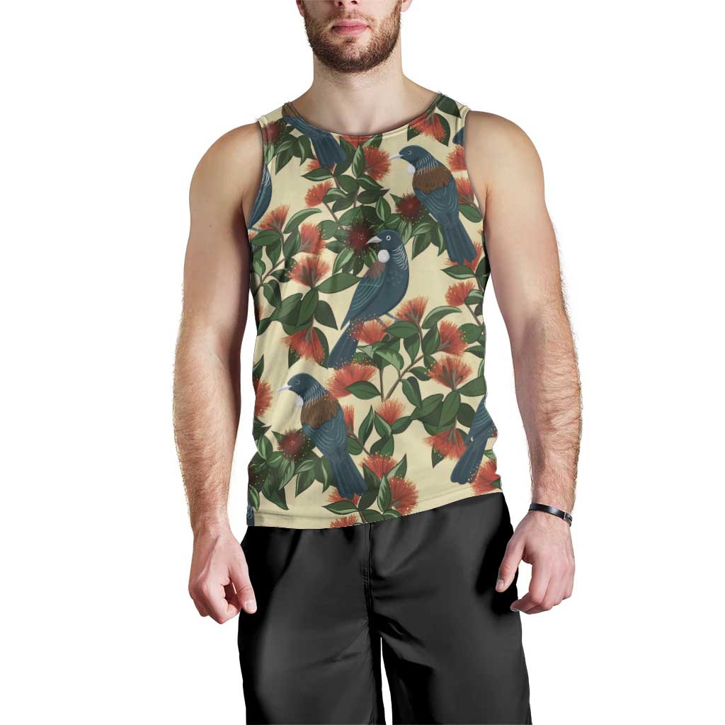 New Zealand Christmas Men Tank Top Romantic Tui Birds on Pohutukawa - Ivory - Aussie Hoodie