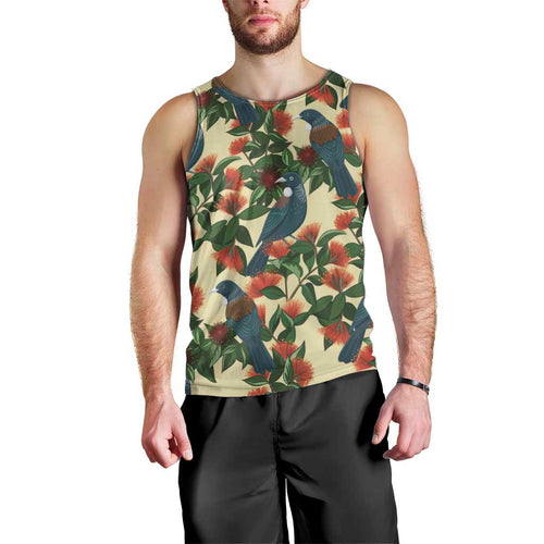 New Zealand Christmas Men Tank Top Romantic Tui Birds on Pohutukawa - Ivory - Aussie Hoodie
