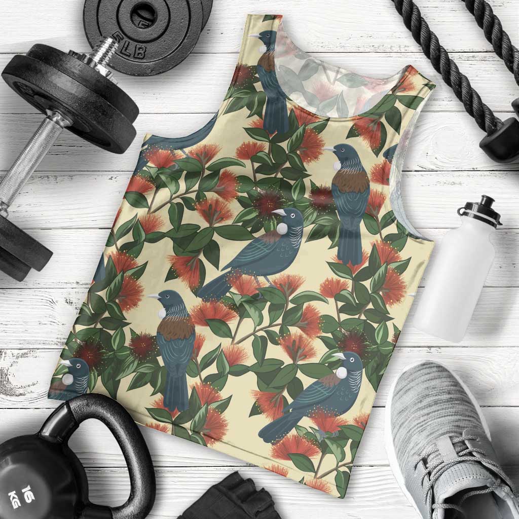 New Zealand Christmas Men Tank Top Romantic Tui Birds on Pohutukawa - Ivory - Aussie Hoodie