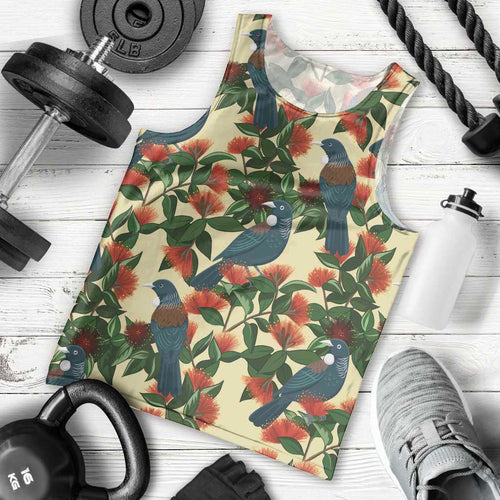 New Zealand Christmas Men Tank Top Romantic Tui Birds on Pohutukawa - Ivory - Aussie Hoodie