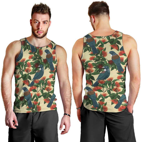 New Zealand Christmas Men Tank Top Romantic Tui Birds on Pohutukawa - Ivory - Aussie Hoodie