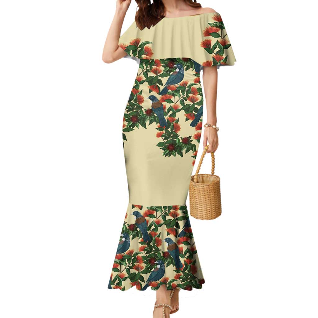 New Zealand Christmas Mermaid Dress Romantic Tui Birds on Pohutukawa - Ivory - Aussie Hoodie