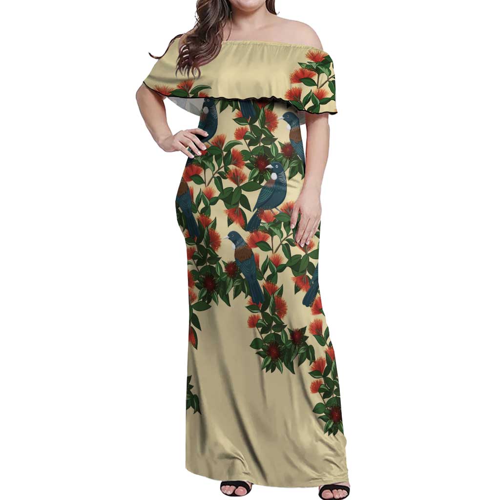 New Zealand Christmas Off Shoulder Maxi Dress Romantic Tui Birds on Pohutukawa - Ivory - Aussie Hoodie