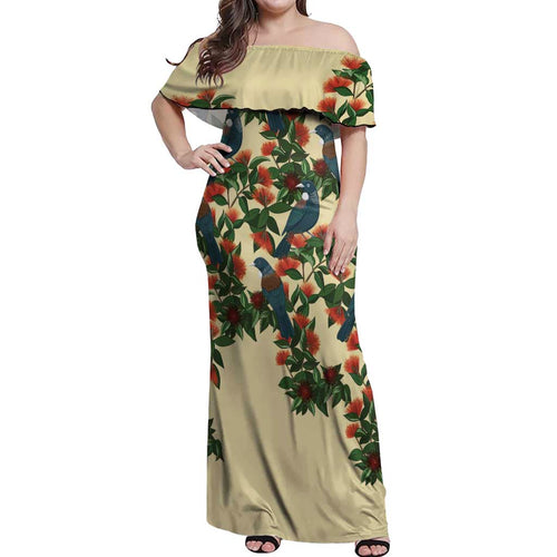 New Zealand Christmas Off Shoulder Maxi Dress Romantic Tui Birds on Pohutukawa - Ivory - Aussie Hoodie