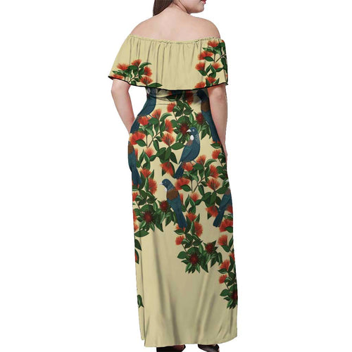 New Zealand Christmas Off Shoulder Maxi Dress Romantic Tui Birds on Pohutukawa - Ivory - Aussie Hoodie