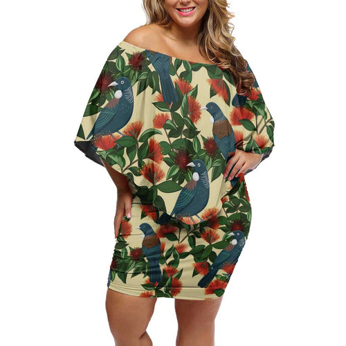 New Zealand Christmas Off Shoulder Short Dress Romantic Tui Birds on Pohutukawa - Ivory - Aussie Hoodie