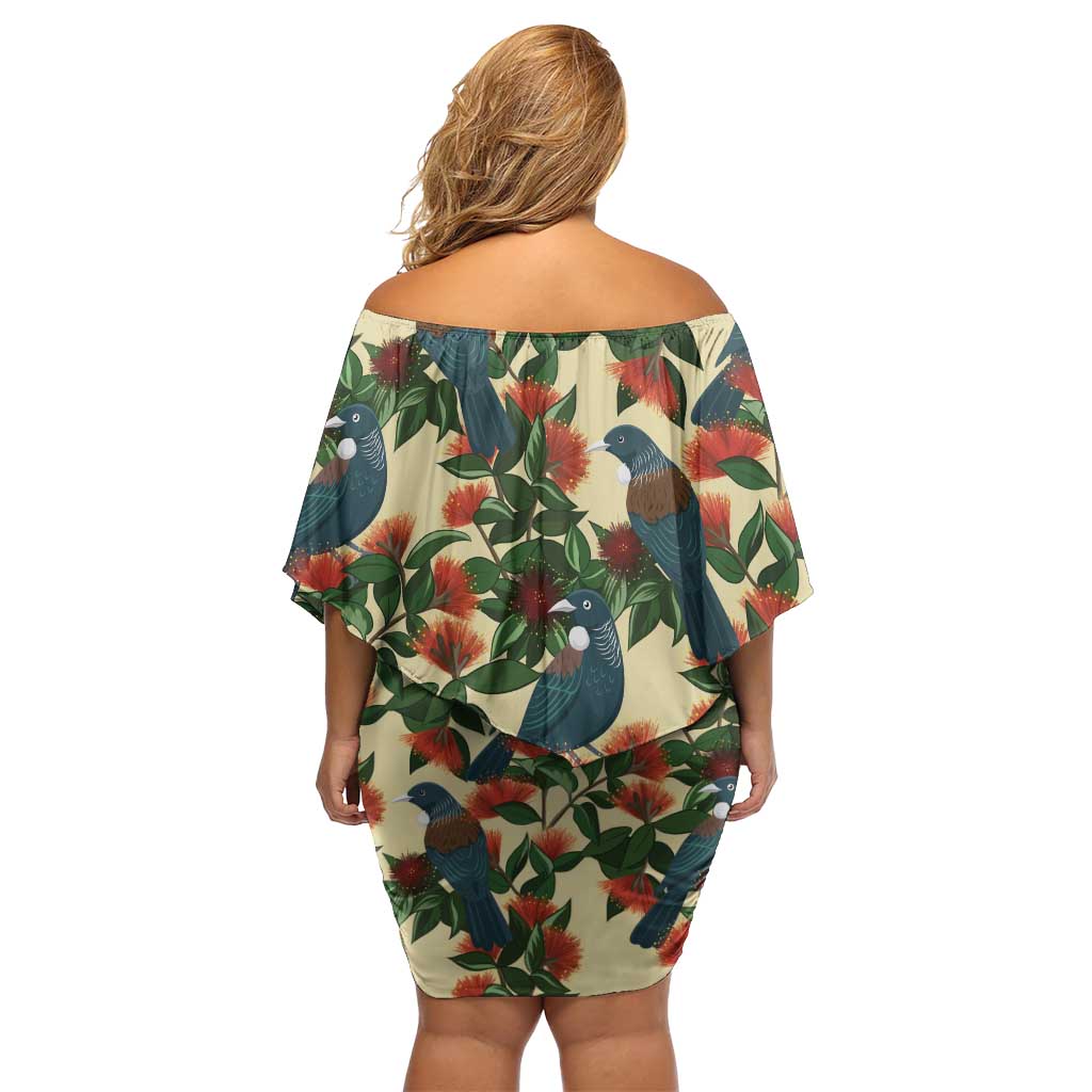 New Zealand Christmas Off Shoulder Short Dress Romantic Tui Birds on Pohutukawa - Ivory - Aussie Hoodie