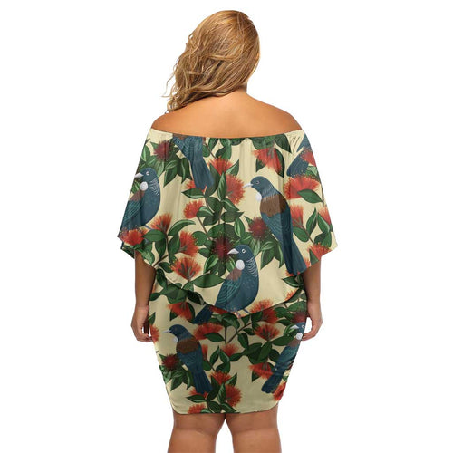 New Zealand Christmas Off Shoulder Short Dress Romantic Tui Birds on Pohutukawa - Ivory - Aussie Hoodie