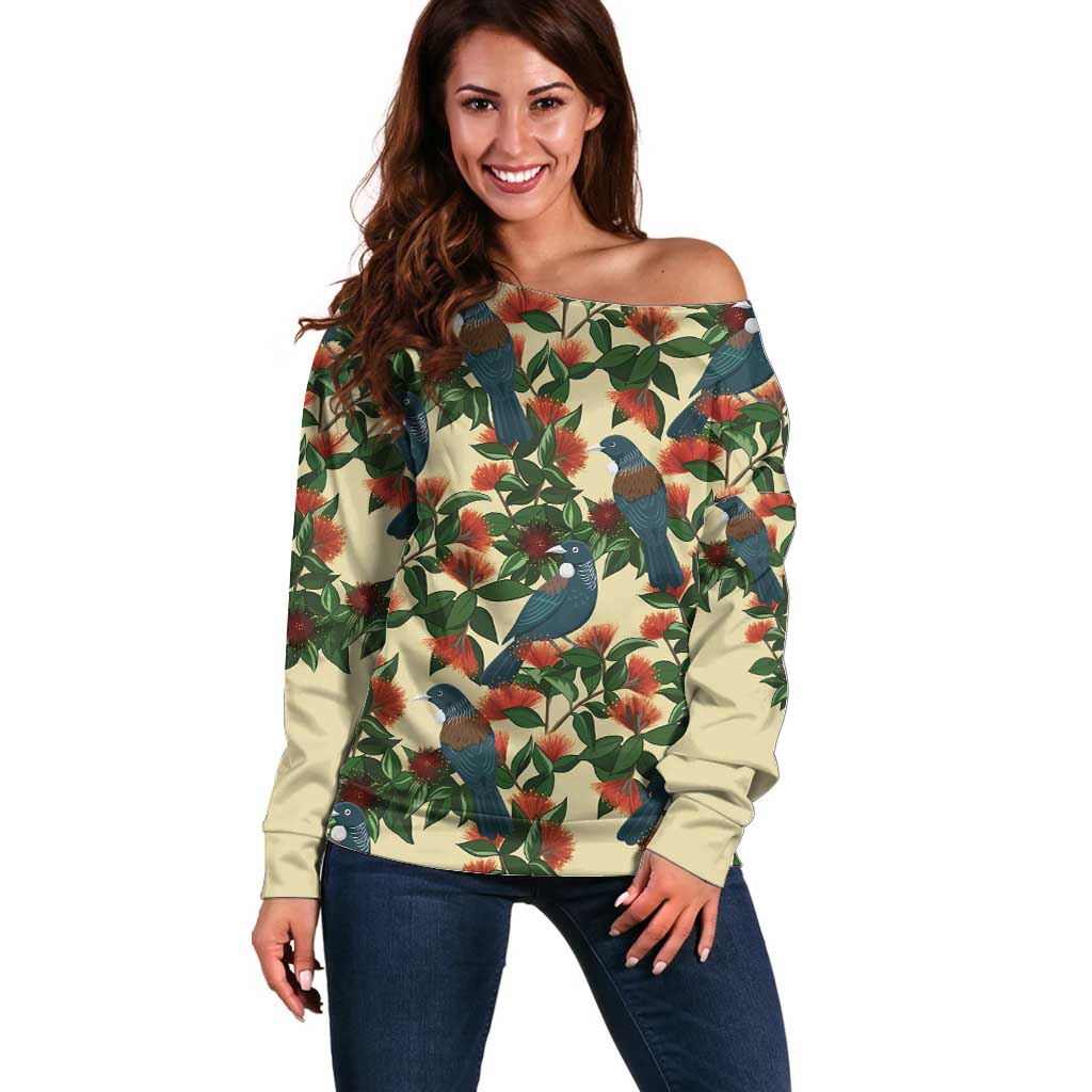 New Zealand Christmas Off Shoulder Sweater Romantic Tui Birds on Pohutukawa - Ivory - Aussie Hoodie