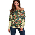 New Zealand Christmas Off Shoulder Sweater Romantic Tui Birds on Pohutukawa - Ivory - Aussie Hoodie