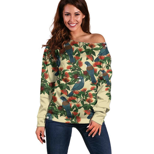 New Zealand Christmas Off Shoulder Sweater Romantic Tui Birds on Pohutukawa - Ivory - Aussie Hoodie
