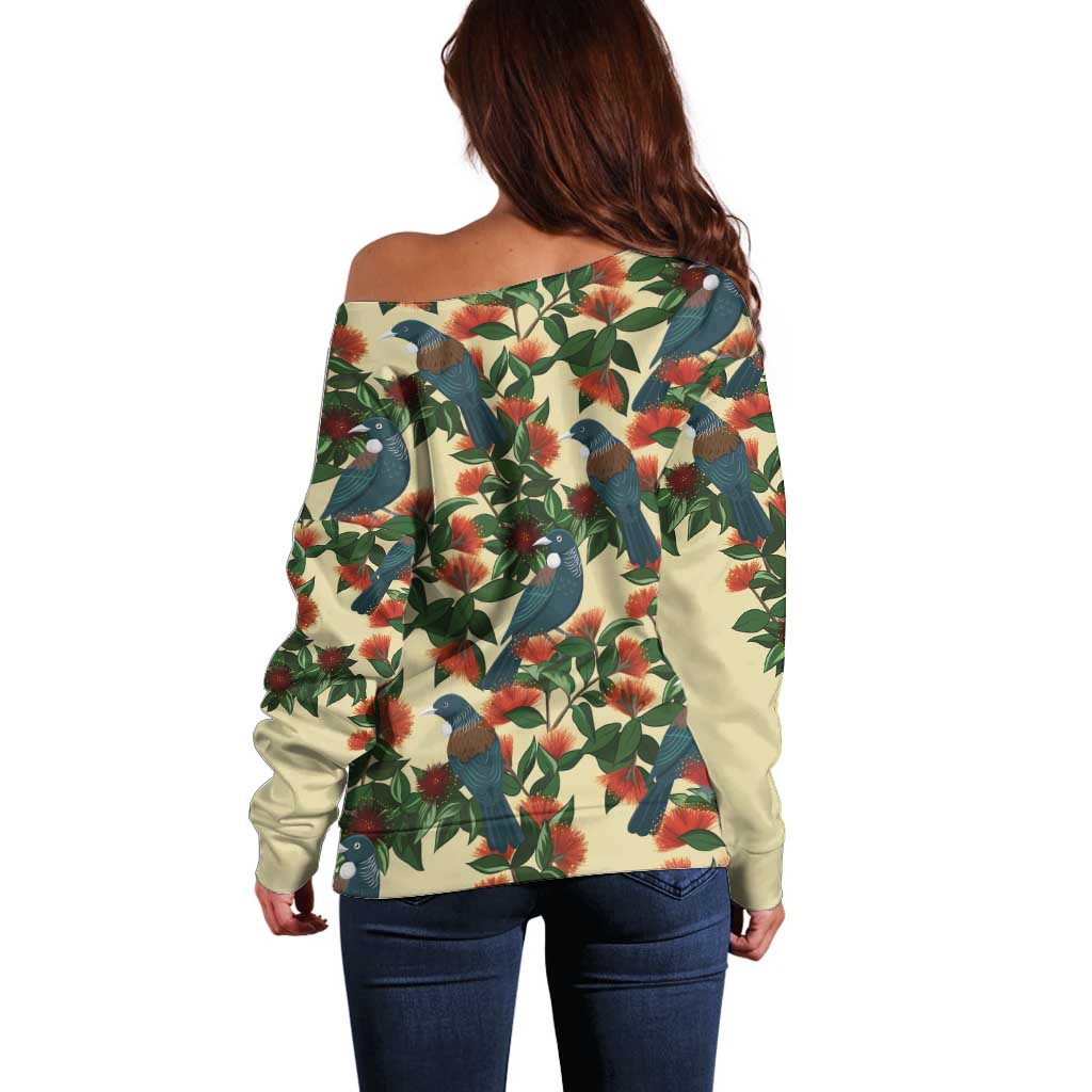 New Zealand Christmas Off Shoulder Sweater Romantic Tui Birds on Pohutukawa - Ivory - Aussie Hoodie