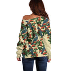 New Zealand Christmas Off Shoulder Sweater Romantic Tui Birds on Pohutukawa - Ivory - Aussie Hoodie