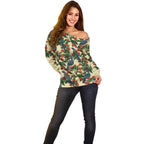 New Zealand Christmas Off Shoulder Sweater Romantic Tui Birds on Pohutukawa - Ivory - Aussie Hoodie