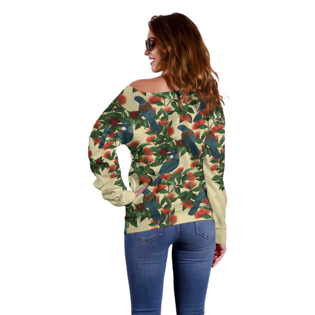 New Zealand Christmas Off Shoulder Sweater Romantic Tui Birds on Pohutukawa - Ivory - Aussie Hoodie