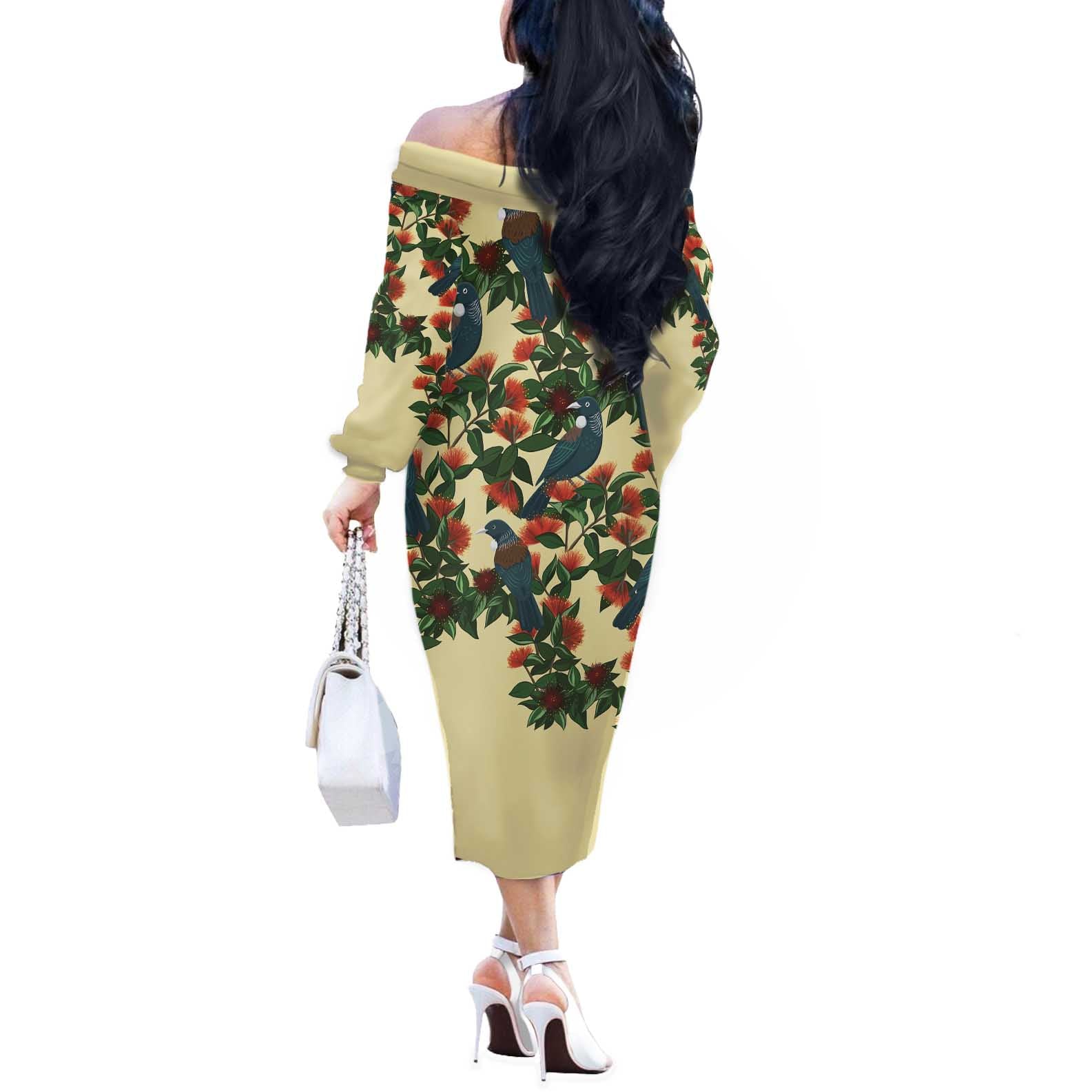 New Zealand Christmas Off The Shoulder Long Sleeve Dress Romantic Tui Birds on Pohutukawa - Ivory - Aussie Hoodie