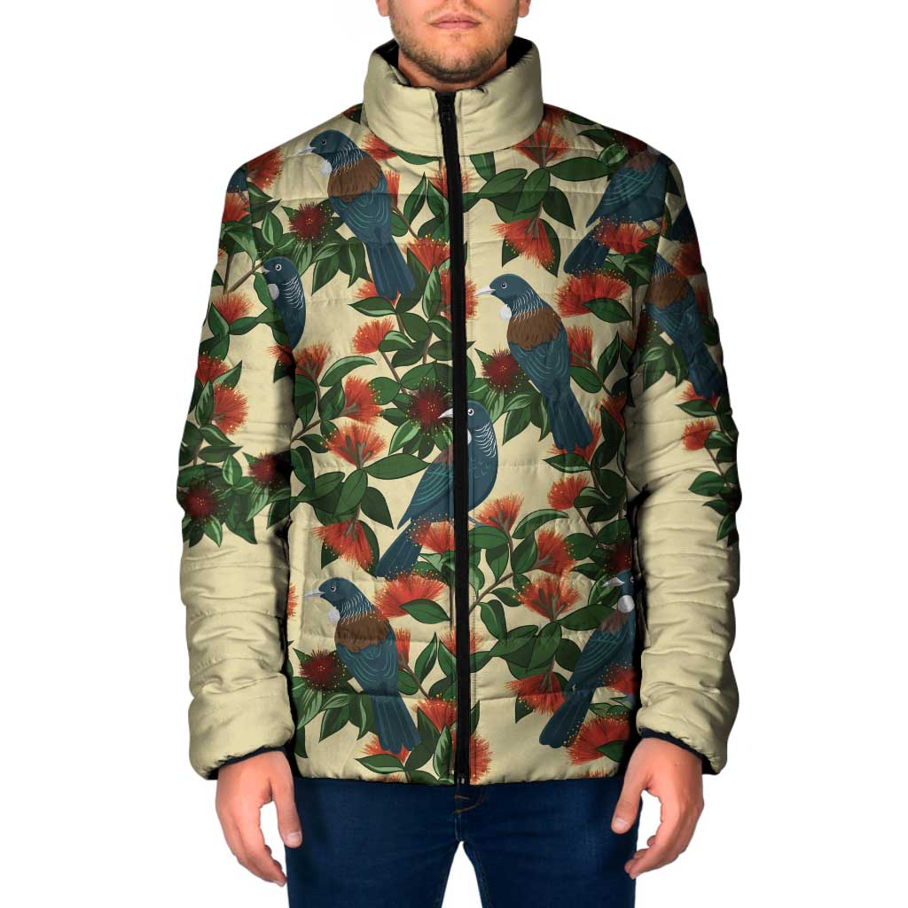 New Zealand Christmas Padded Jacket Romantic Tui Birds on Pohutukawa - Ivory - Aussie Hoodie