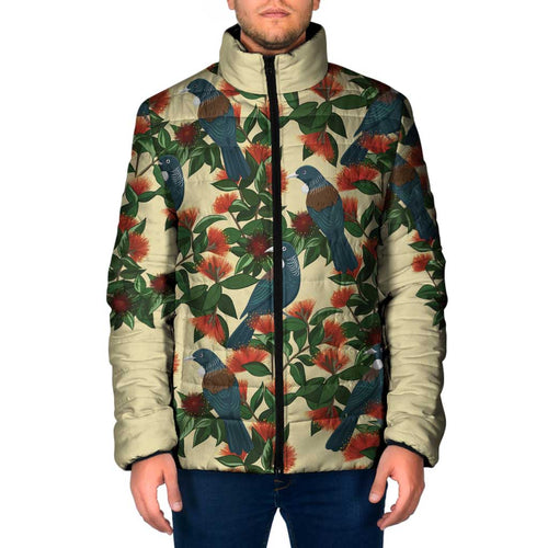 New Zealand Christmas Padded Jacket Romantic Tui Birds on Pohutukawa - Ivory - Aussie Hoodie