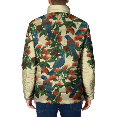 New Zealand Christmas Padded Jacket Romantic Tui Birds on Pohutukawa - Ivory - Aussie Hoodie