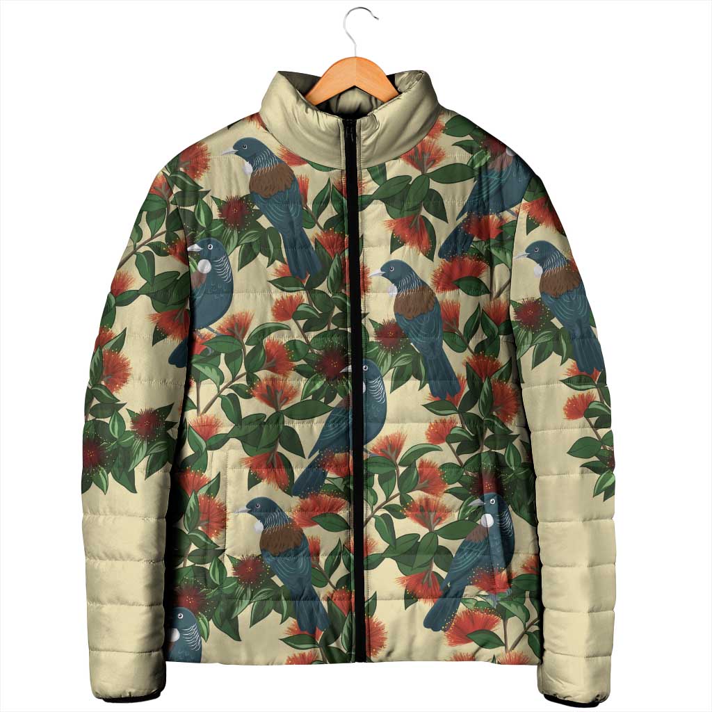 New Zealand Christmas Padded Jacket Romantic Tui Birds on Pohutukawa - Ivory - Aussie Hoodie
