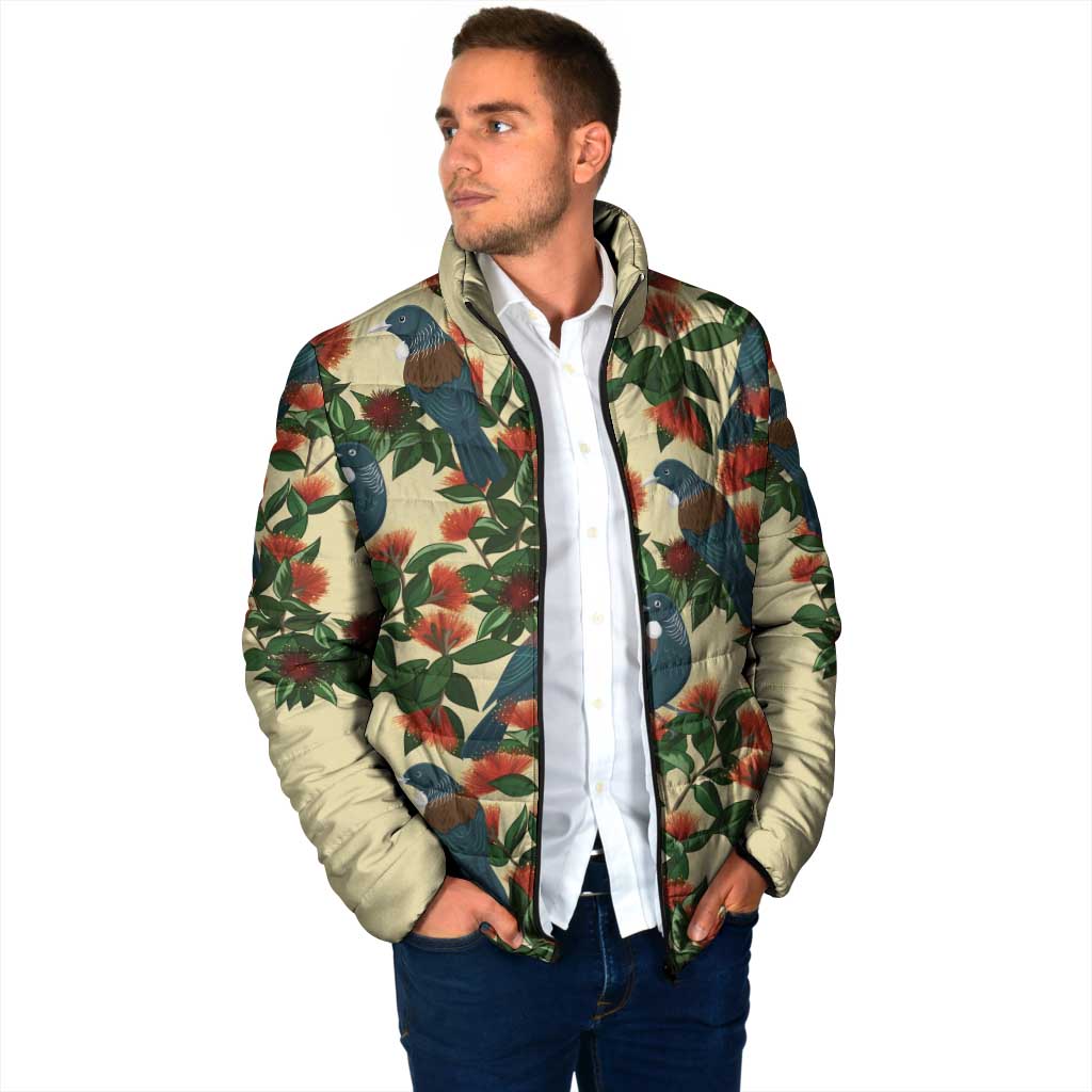 New Zealand Christmas Padded Jacket Romantic Tui Birds on Pohutukawa - Ivory - Aussie Hoodie