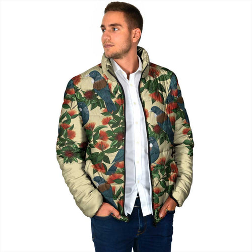 New Zealand Christmas Padded Jacket Romantic Tui Birds on Pohutukawa - Ivory - Aussie Hoodie