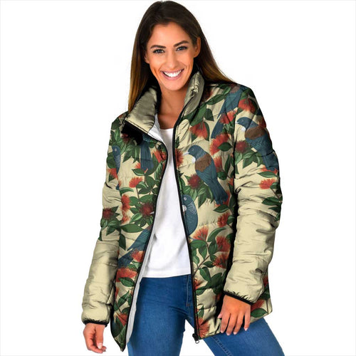 New Zealand Christmas Padded Jacket Romantic Tui Birds on Pohutukawa - Ivory - Aussie Hoodie