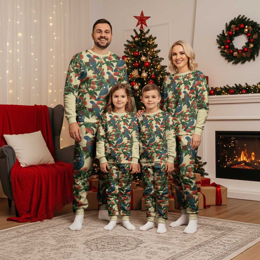 New Zealand Christmas Pajama Set Romantic Tui Birds on Pohutukawa - Ivory - Aussie Hoodie