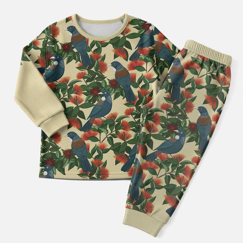 New Zealand Christmas Pajama Set Romantic Tui Birds on Pohutukawa - Ivory - Aussie Hoodie