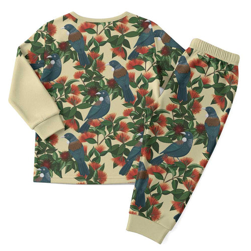 New Zealand Christmas Pajama Set Romantic Tui Birds on Pohutukawa - Ivory - Aussie Hoodie