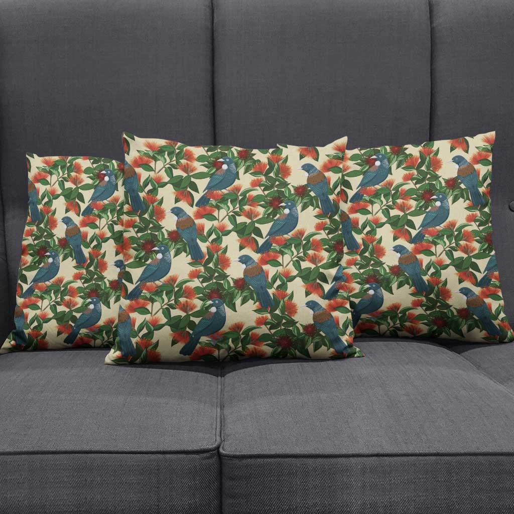 New Zealand Christmas Pillow Cover Romantic Tui Birds on Pohutukawa - Ivory - Aussie Hoodie