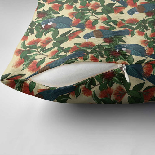 New Zealand Christmas Pillow Cover Romantic Tui Birds on Pohutukawa - Ivory - Aussie Hoodie