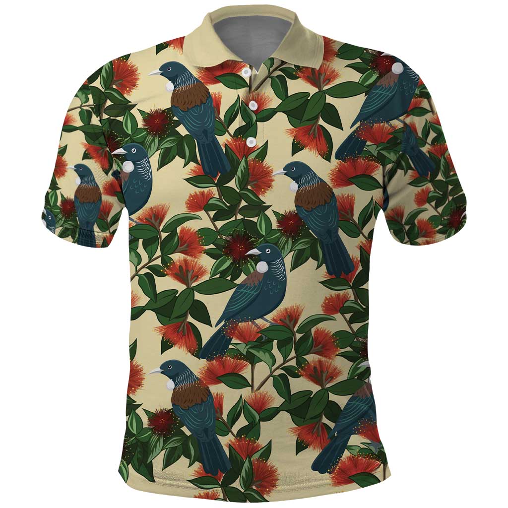 New Zealand Christmas Polo Shirt Romantic Tui Birds on Pohutukawa - Ivory - Aussie Hoodie