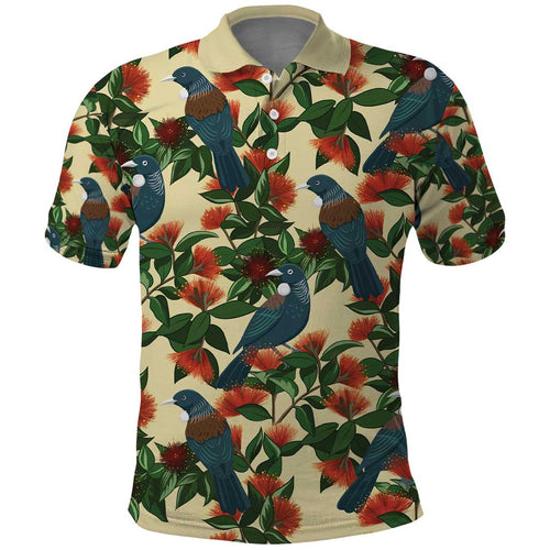 New Zealand Christmas Polo Shirt Romantic Tui Birds on Pohutukawa - Ivory - Aussie Hoodie