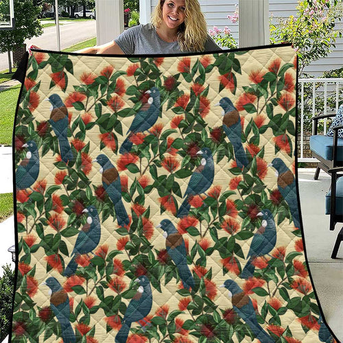 New Zealand Christmas Quilt Romantic Tui Birds on Pohutukawa - Ivory - Aussie Hoodie