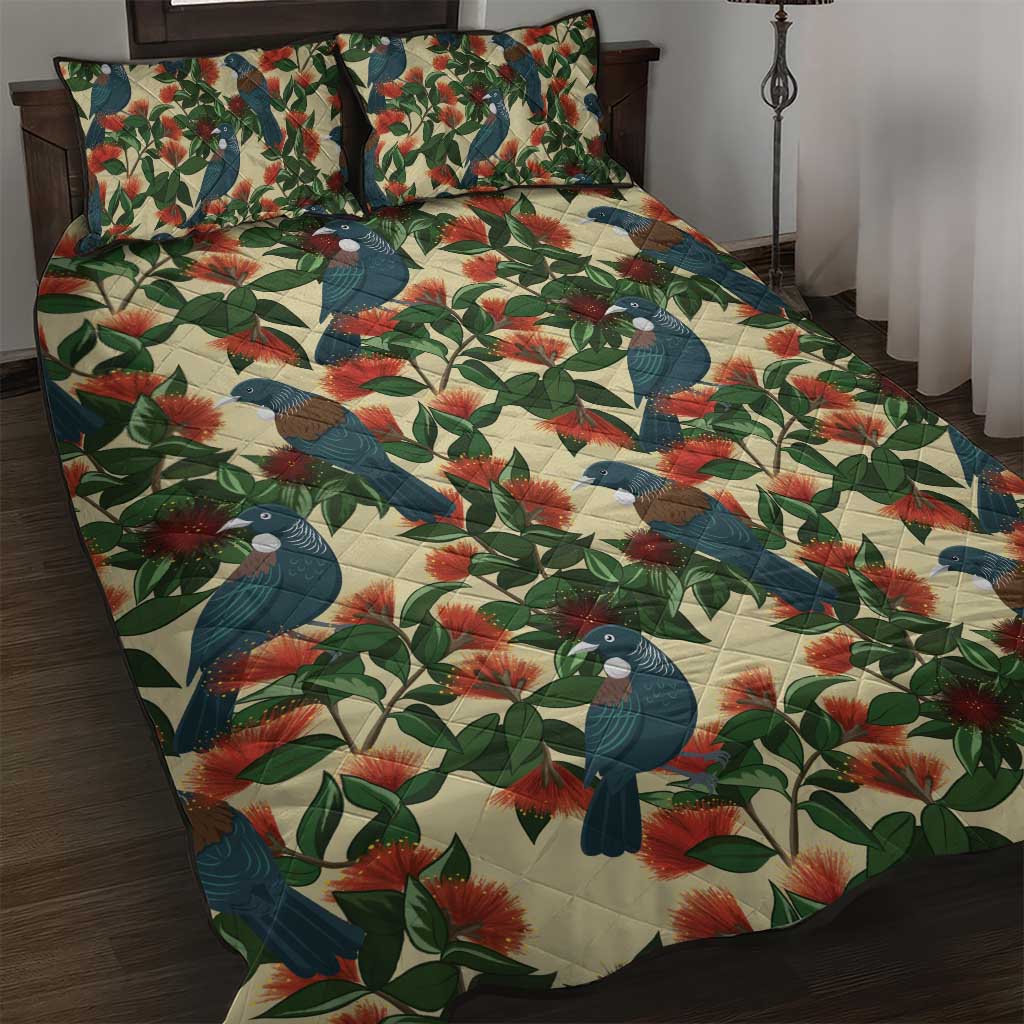 New Zealand Christmas Quilt Bed Set Romantic Tui Birds on Pohutukawa - Ivory - Aussie Hoodie