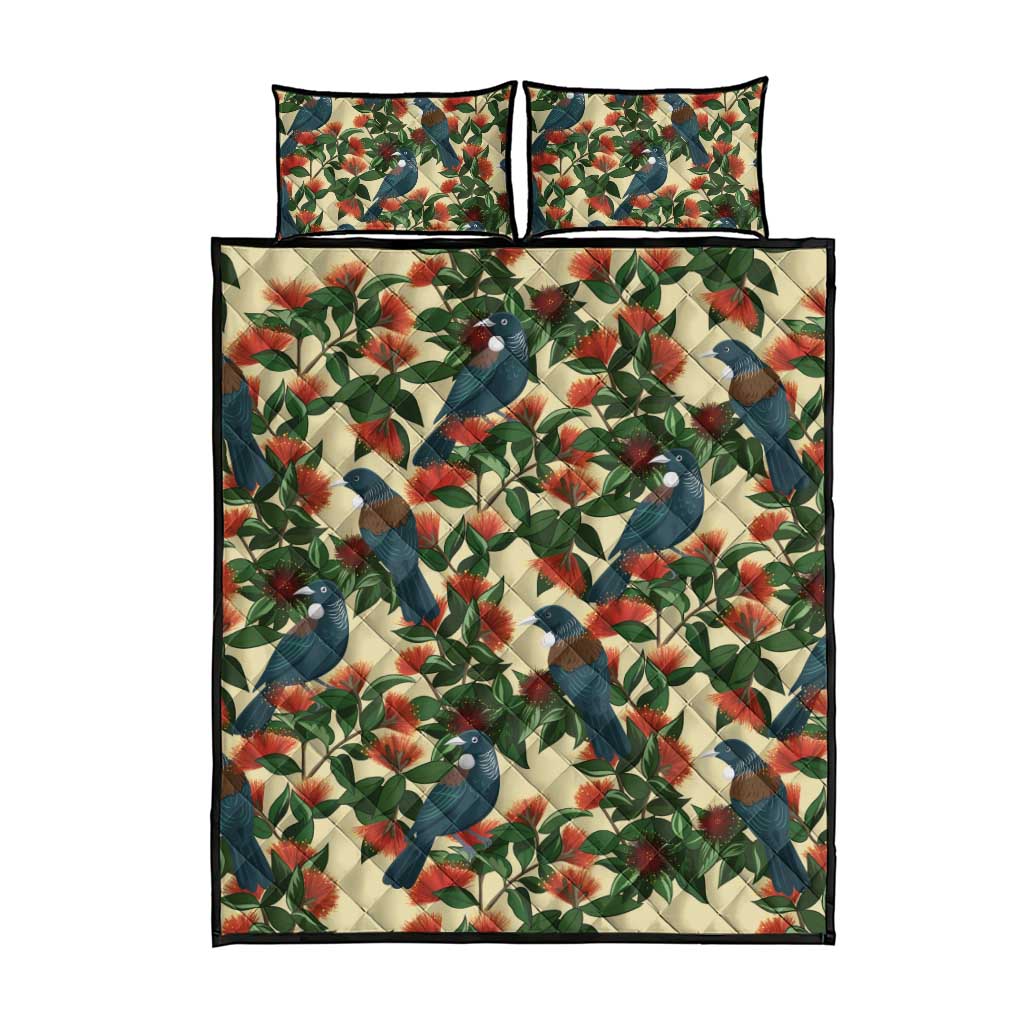 New Zealand Christmas Quilt Bed Set Romantic Tui Birds on Pohutukawa - Ivory - Aussie Hoodie