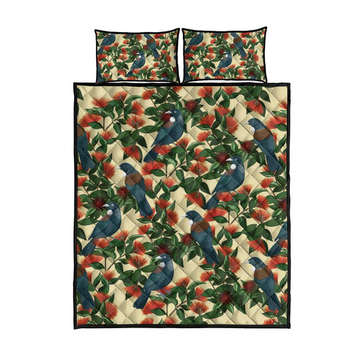 New Zealand Christmas Quilt Bed Set Romantic Tui Birds on Pohutukawa - Ivory - Aussie Hoodie