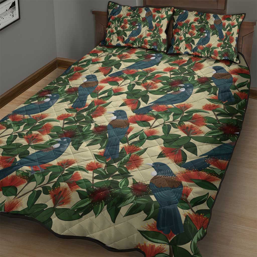 New Zealand Christmas Quilt Bed Set Romantic Tui Birds on Pohutukawa - Ivory - Aussie Hoodie