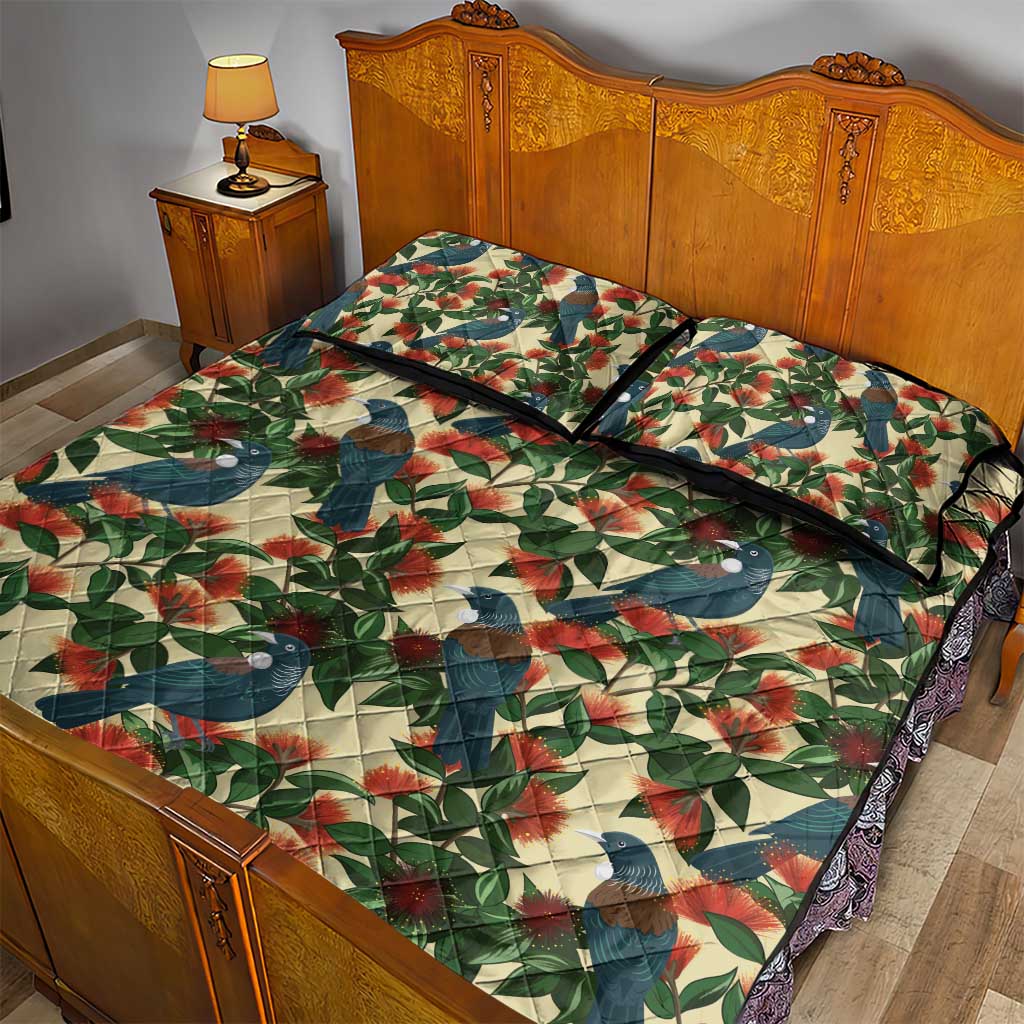 New Zealand Christmas Quilt Bed Set Romantic Tui Birds on Pohutukawa - Ivory - Aussie Hoodie