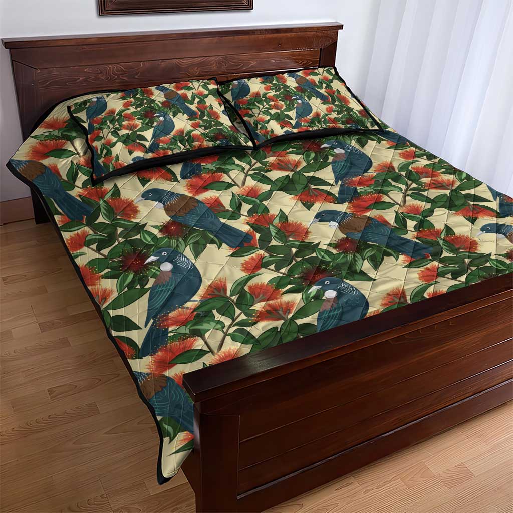 New Zealand Christmas Quilt Bed Set Romantic Tui Birds on Pohutukawa - Ivory - Aussie Hoodie