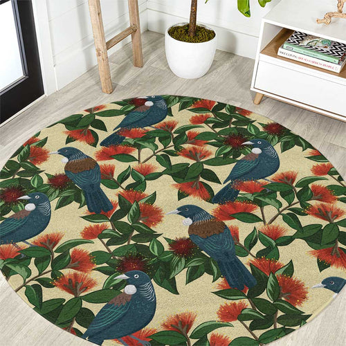 New Zealand Christmas Round Carpet Romantic Tui Birds on Pohutukawa - Ivory - Aussie Hoodie