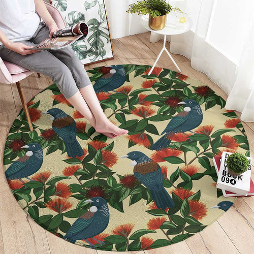 New Zealand Christmas Round Carpet Romantic Tui Birds on Pohutukawa - Ivory - Aussie Hoodie