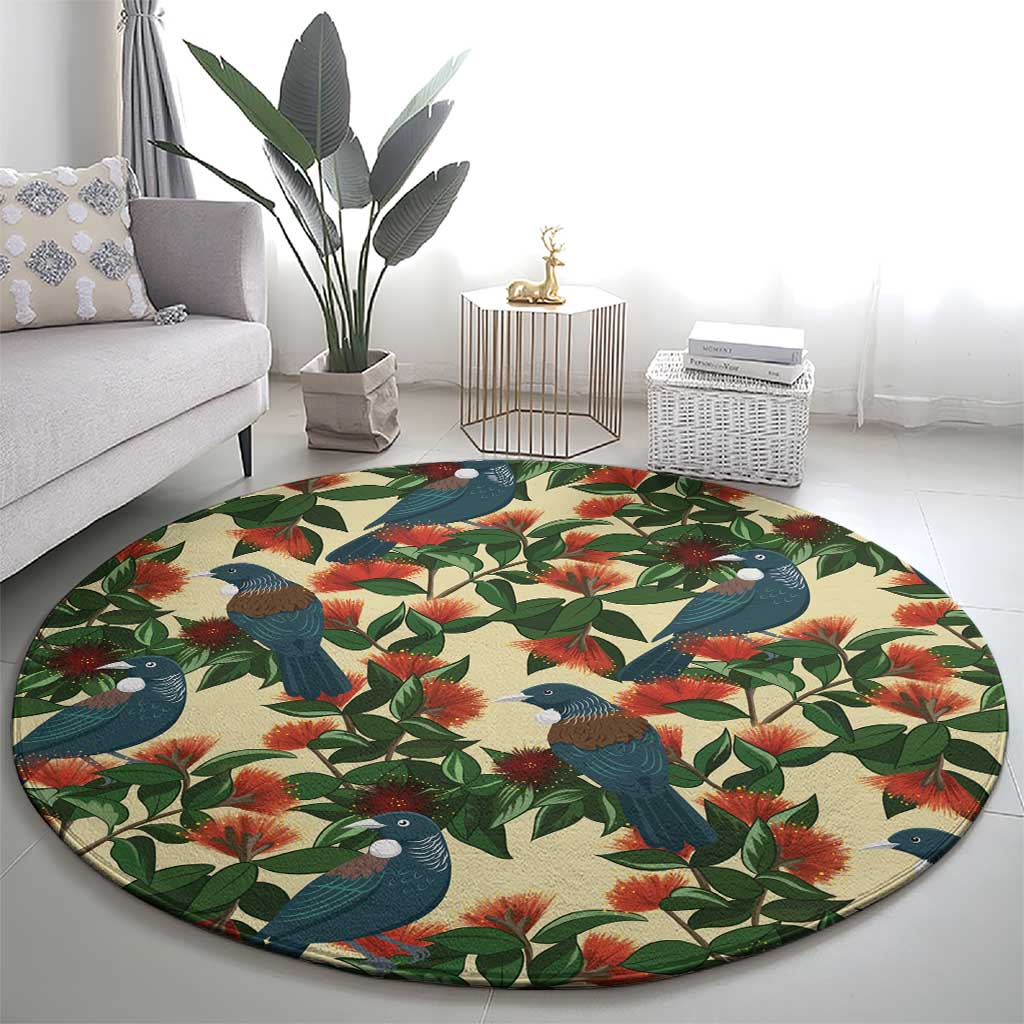 New Zealand Christmas Round Carpet Romantic Tui Birds on Pohutukawa - Ivory - Aussie Hoodie