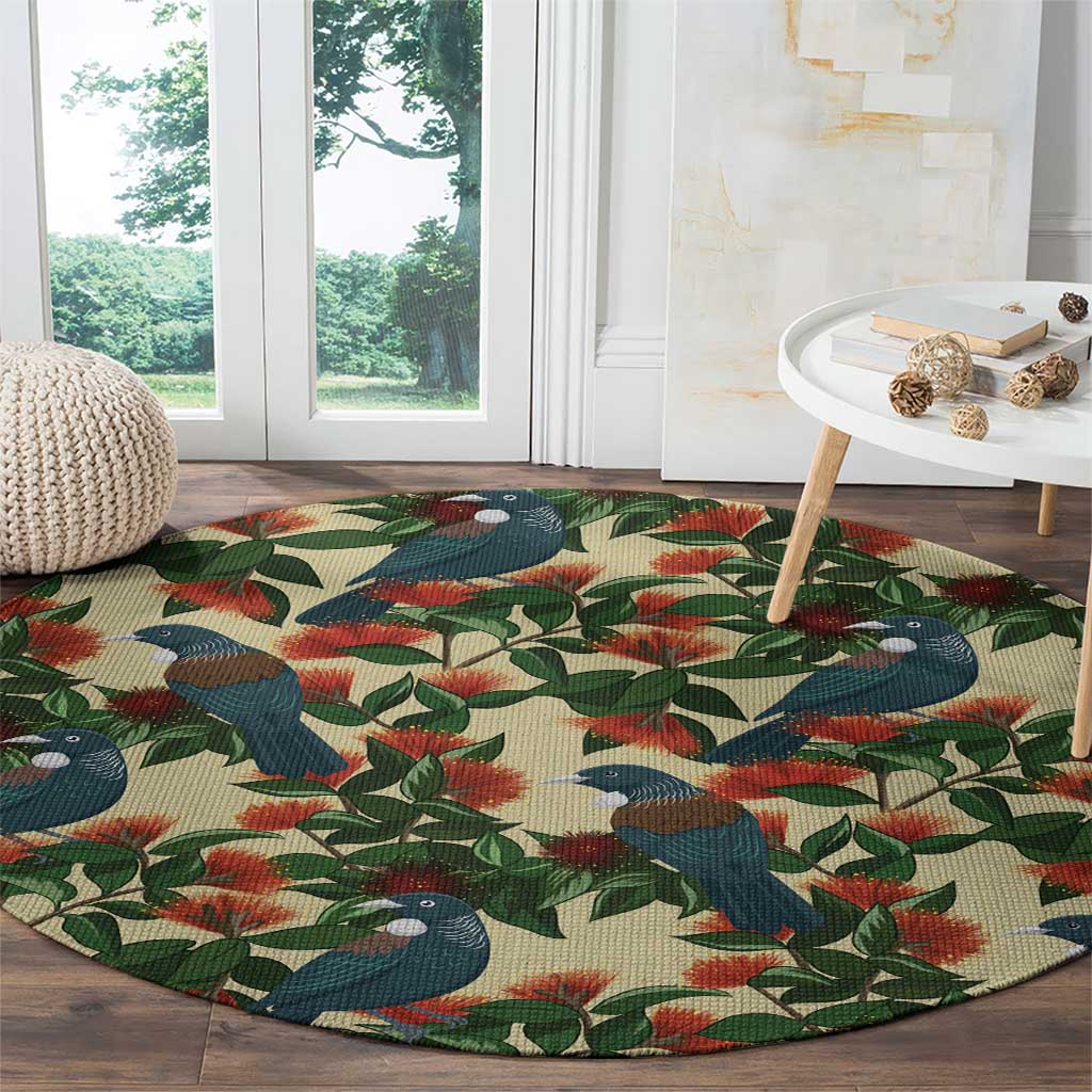 New Zealand Christmas Round Carpet Romantic Tui Birds on Pohutukawa - Ivory - Aussie Hoodie
