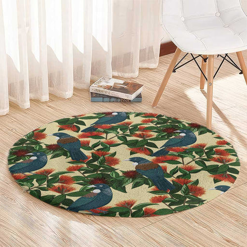 New Zealand Christmas Round Carpet Romantic Tui Birds on Pohutukawa - Ivory - Aussie Hoodie