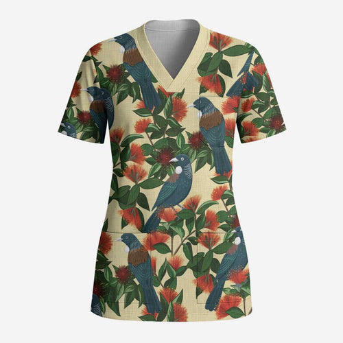 New Zealand Christmas Scrub Top Romantic Tui Birds on Pohutukawa - Ivory - Aussie Hoodie